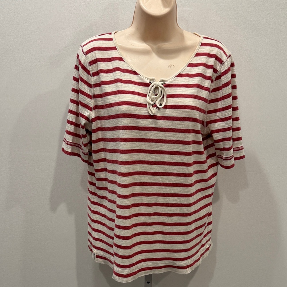 Lauren Ralph Lauren Red White Striped Tee Women Size XL Vintage Cotton Nautical